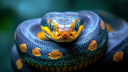 Fototapeta premium Close-up of vibrant snake coiled, jungle background