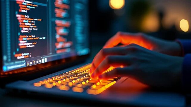 close-up of hands typing on a laptop keyboard with code on screen, programmer, developer, software engineer, coding, cybersecurity, data science, artificial intelligence