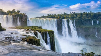 Fototapeta premium A waterfall with a lush green forest in the background. The water is flowing down the side of a cliff