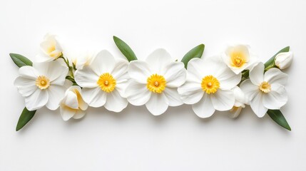 Delicate white flowers with vibrant yellow centers are elegantly displayed on a pristine white surface, creating a serene and harmonious visual composition.