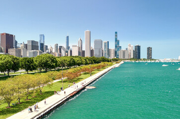 Breathtaking aerial perspective of Chicago skyline with shimmering lakefront