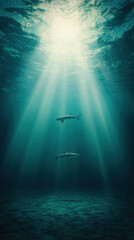 Beneath ocean surface, two sharks swim gracefully in serene waters, illuminated by sunlight