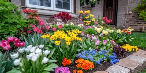 Fototapeta premium A vibrant array of flowers blooming in a well-maintained flower bed, enhancing the charm of the house in the background.