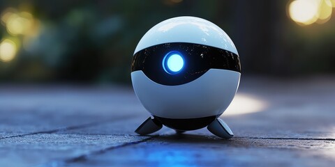 Cute spherical AI robot with a gentle blue light emitting from its core