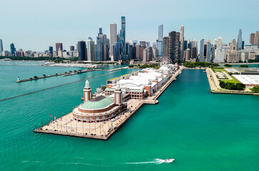 Breathtaking aerial perspective of Chicago skyline and Navy Pier in summer