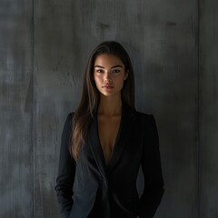 Fototapeta premium Arafed woman wearing a stylish black suit stands confidently against a textured wall, exuding elegance.