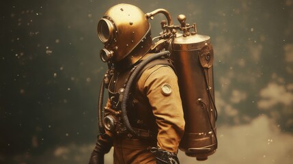 Fototapeta premium A historical diver is equipped with old fashioned diving equipment
