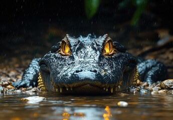 Fototapeta premium Close-Up of an Intense Alligator Striking a Menacing Pose in a Rainy Environment with Glimmering Eyes Reflecting the Surrounding Nature