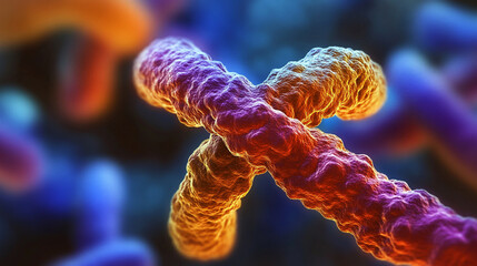 Human chromosomes X visibly dividing during mitosis, highlighted by vibrant colors and intricate details, set against an abstract backdrop of white, gold, and silver light in bright tones.

