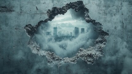 Cityscape Emerging from a Crumbling Concrete Wall Hope After Destruction