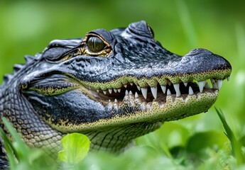 Obraz premium Close-Up Portrait of a Crocodile with Detailed Scales and Sharp Teeth Amidst Lush Greenery in a Natural Habitat Setting