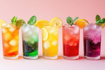 Colorful Refreshing Drinks with Ice and Citrus in Tall Glasses on Pink Background