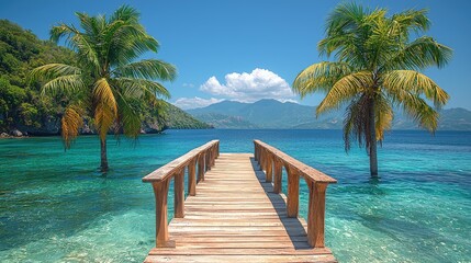 Serene tropical pier extending into clear turquoise waters surrounded by lush mountains