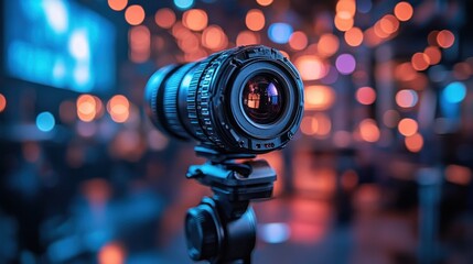 Camera lens recording live event with blurred bokeh background