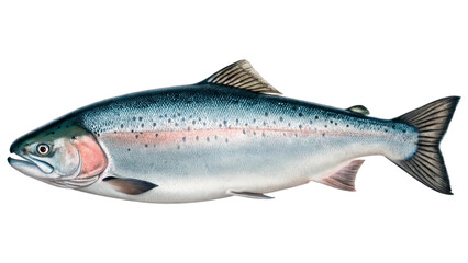 Fototapeta premium Single salmon fish, displaying its streamlined body with shimmering silver-blue scales and a subtle pinkish hue along its belly. isolated on white background. PNG file