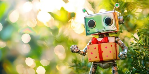 Obraz premium Mini robot holding a tiny gift box, perfect for futuristic-themed events