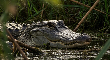 Obraz premium Alligator Submerged in Swamp Water Among Vegetation in Natural Habitat