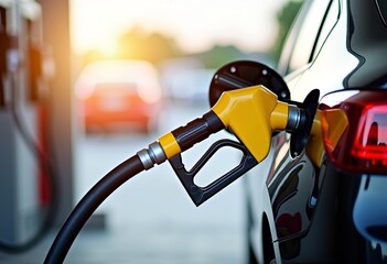Fototapeta premium Get a realistic glimpse into everyday life with this photograph of a black car being refueled at a gas station, featuring a yellow fuel nozzle, sunlit background, and a beautifully blurred bokeh effec