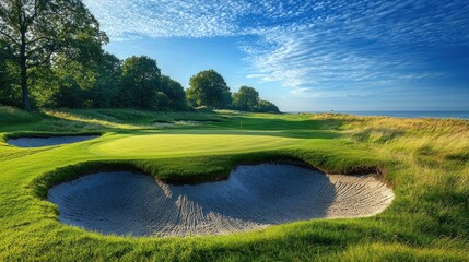 Coastal golf course green with sand traps at sunrise
