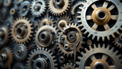 interconnected gears and cogs It symbolizes the complex and interdependent mechanisms of business analysis and data processing.