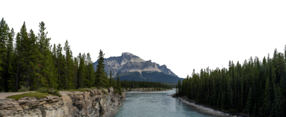 Looking along a large river surrounded by evergreen trees and a mountain in the distance with a transparent sky. . Panorama
