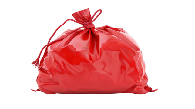 Shiny red santa claus bag tied with rope on transparent background