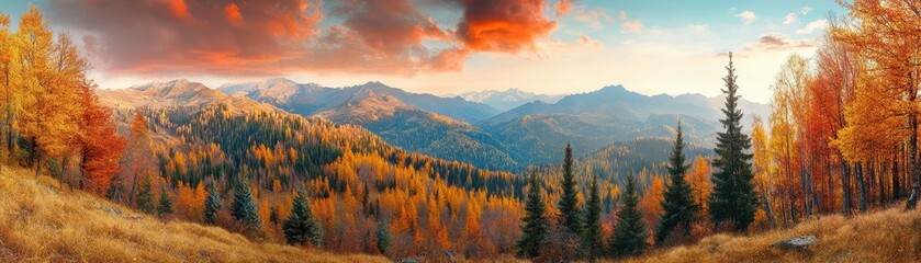 Majestic mountains rise in the background, adorned with lush green trees, beneath vibrant orange clouds.