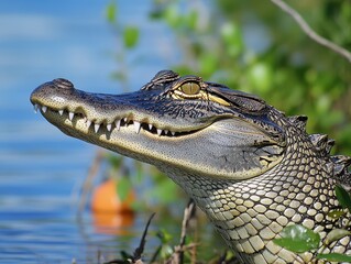 Fototapeta premium Close-Up View of Alligator Head Above Water in Natural Habitat Surrounded by Lush Greenery and Reflections in Clear Blue Environment