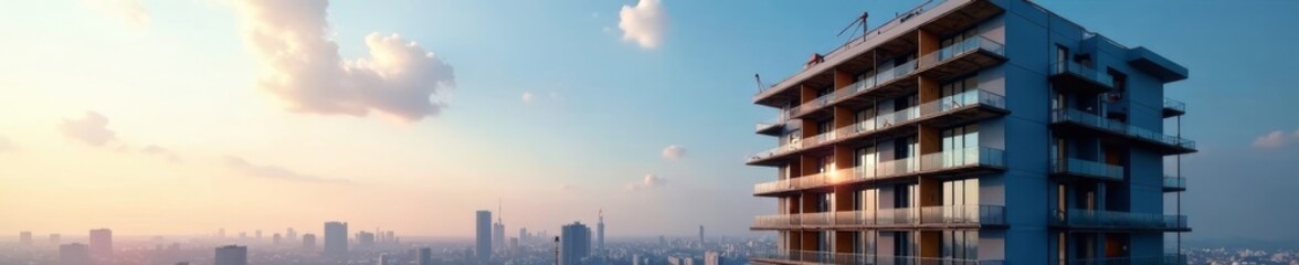 Sleek modern apartment building rising, cranes & scaffolding visible, development, vertical, industry