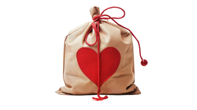 Cloth bag with red heart showing love and affection on transparent background