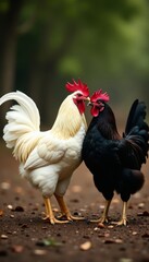 Fototapeta premium White rooster mating with black hen in farmyard , agriculture, rural