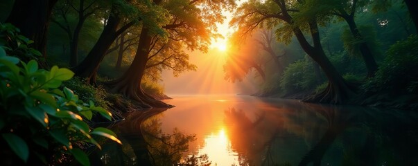 Warm dawn illuminates tranquil mangrove scene, shimmering water mirroring lush foliage , photography, orange