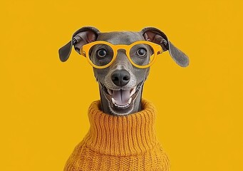 Playful Greyhound Wearing Orange Glasses and Cozy Sweater Against Bright Yellow Background
