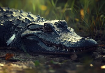 Fototapeta premium Detailed close-up of an alligator resting near the water in natural habitat showcasing sharp teeth and textured scales against a blurred background