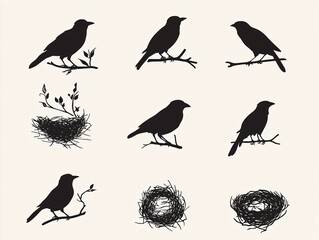 Fototapeta premium Bird Silhouettes & Nests