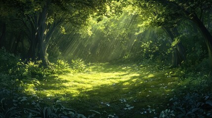 Obraz premium Sunlight gently filters through the lush green leaves of tall trees, creating a serene forest atmosphere.