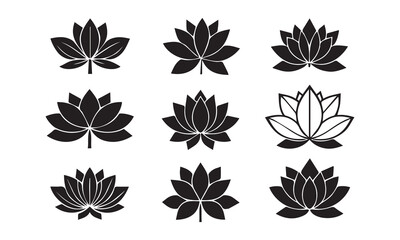 "Minimalist Lotus Flower Icons Set – 9 Monochrome Designs in 3x3 Grid on White Background"