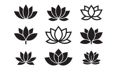 "Minimalist Lotus Flower Icons Set – 9 Monochrome Designs in 3x3 Grid on White Background"
