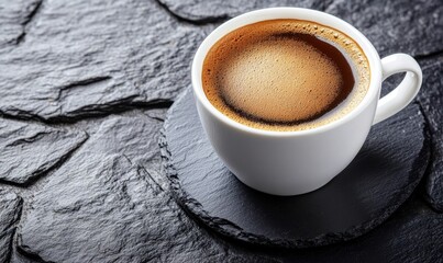 Coffee cup on black slate background, ideal for cafe menus or beverage ads