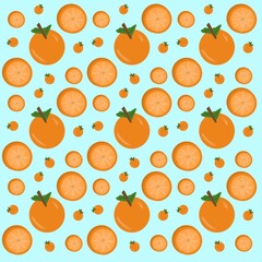 seamless pattern with oranges, leaves and orange slices on a blue background, seamless pattern with cute fruits, seamless pattern with fruits