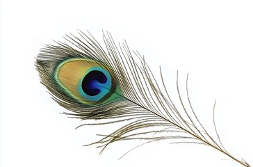 Fototapeta premium Stunning Peacock Feather Displaying Vibrant Colors Against White Background with Ethereal Elegance 