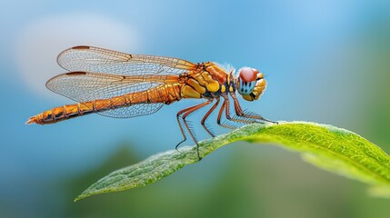 Colorful dragonfly perched on leaf,  outdoor nature scene