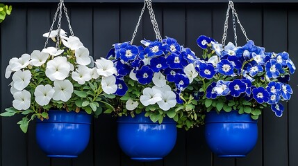 Vibrant Blue and White Petunias in Hanging Baskets Against a Dark Fence AI Generated