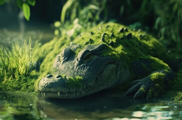 Fototapeta premium Lush Green Environment Featuring Alligator Lying in Calm Water Surrounded by Vibrant Moss and Dense Vegetation in a Serene Natural Habitat