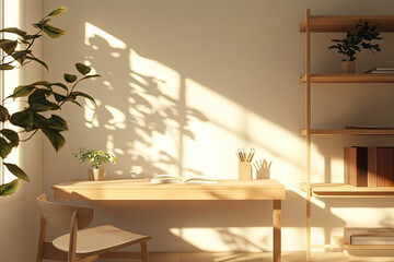 A serene workspace featuring a wooden desk, chair, and bookshelves with plants and natural light.