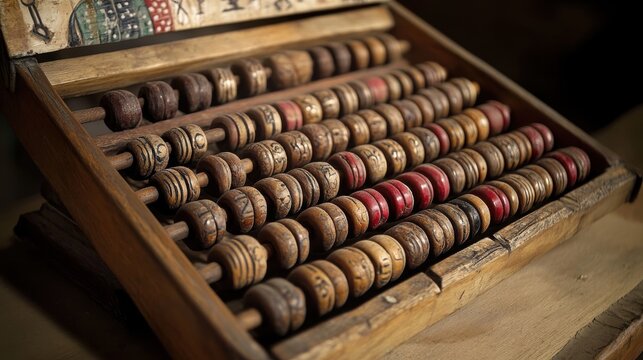 A vintage wooden abacus with beads arranged for counting