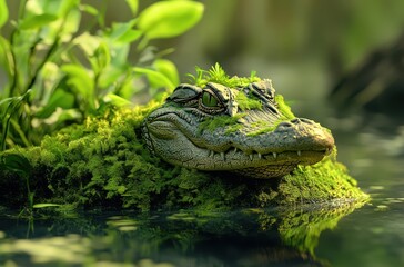 Fototapeta premium Lush Greenery Surrounding a Crocodile with Moss on Its Head Resting in Calm Water Under Soft Natural Light