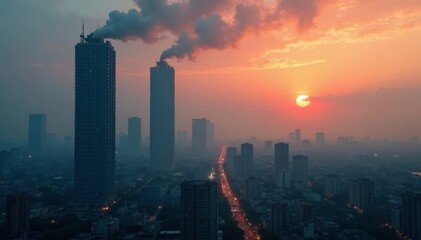 Fototapeta premium Crumbling skyscrapers pierce smog-choked dusk, infrastructure decaying , pollution, decay
