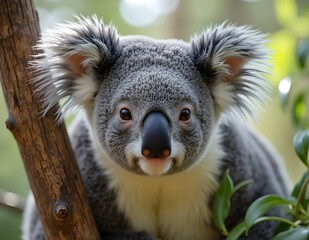 Obraz premium Koala with black round nose and big ears, natural charm of exotic animal calm with tight hug on tree trunk gives the impression of tranquility in the beauty of nature