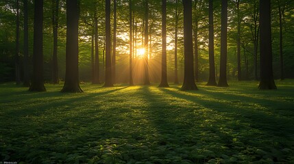 Obraz premium Sunrise forest landscape, misty dawn, sunbeams, tranquil park